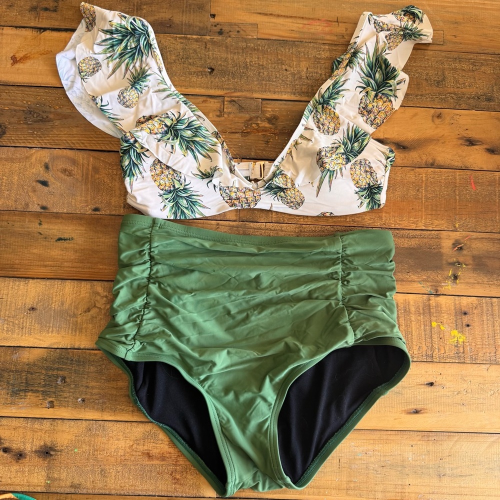 Gianni Bini Pineapple Print and Green Swim Set